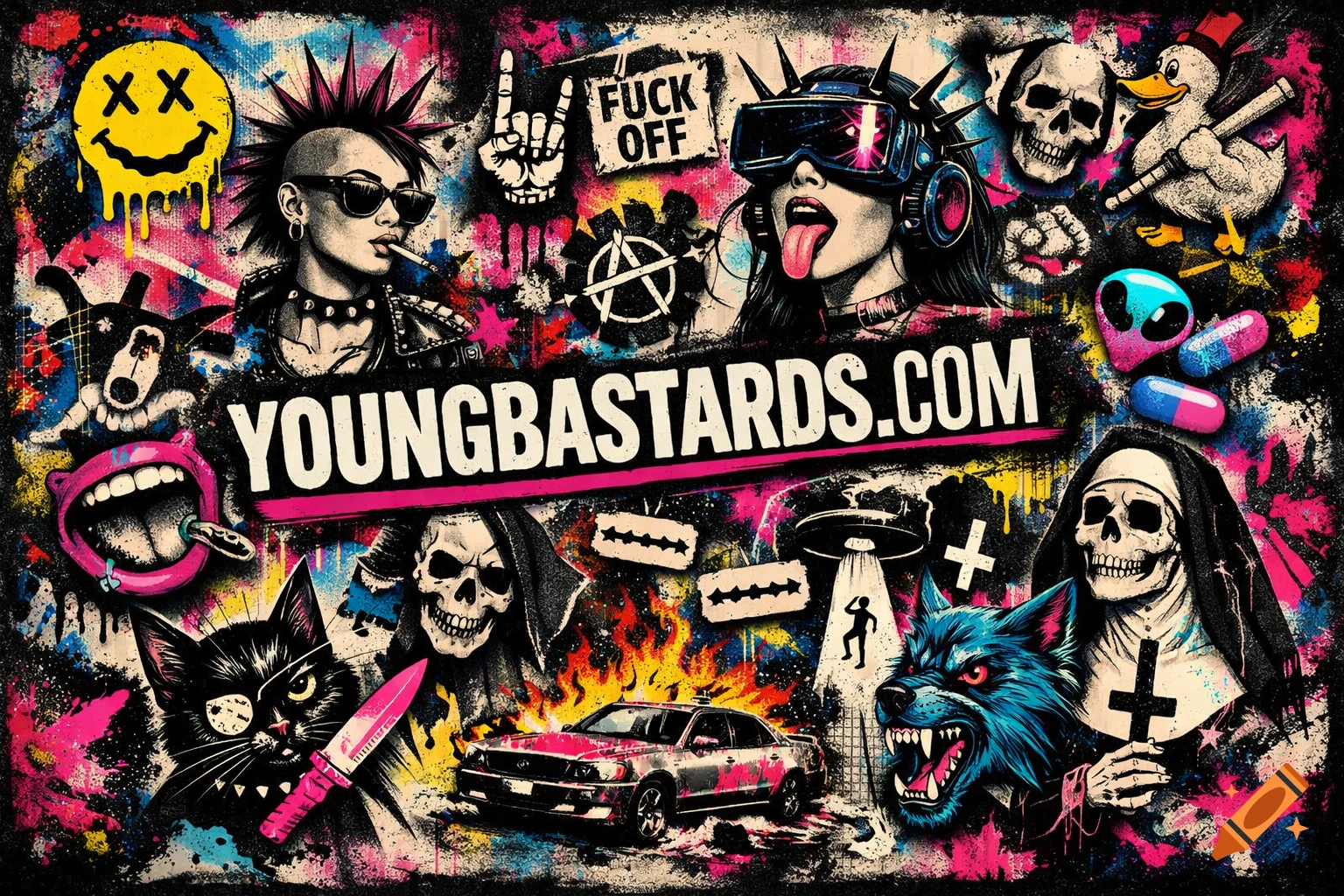 A vibrant, distressed punk rock collage features skulls, a mohawked woman, VR woman, a wolf, pills, and the text 'YOUNGBASTARDS.COM' against a splattered background.