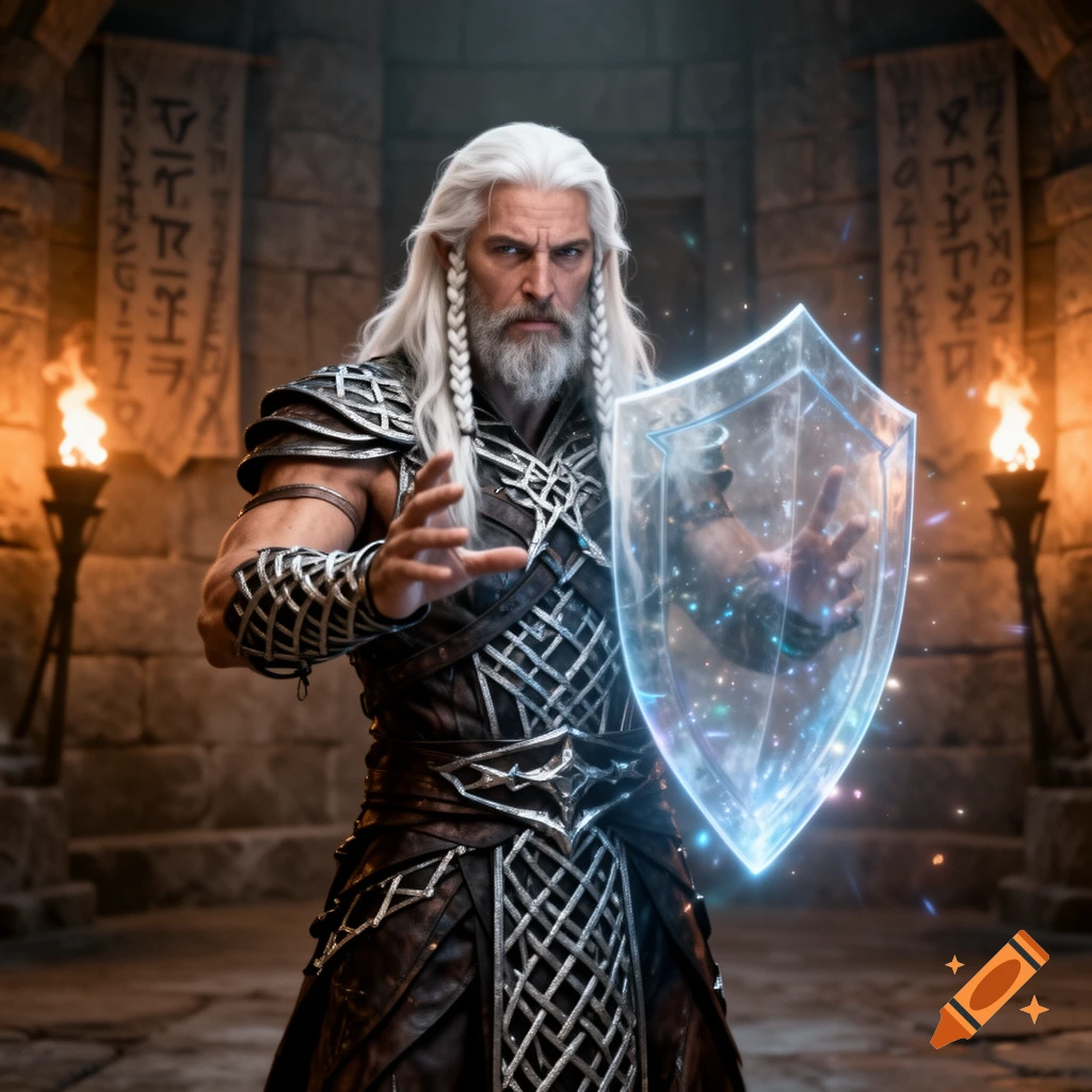 A powerful fantasy mage with long white hair and beard, wearing intricate armor, casts a glowing magical shield in a torchlit dungeon.