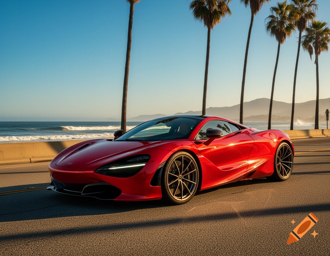 A sleek red sports car is parked on a coastal road with palm trees, a beach, and the ocean visible under a clear blue sky.
