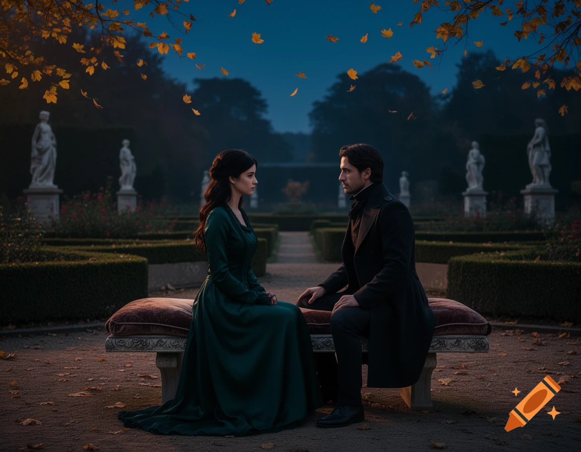 A man and a woman in 19th-century attire sit on a stone bench in a formal garden at dusk, autumn leaves falling.