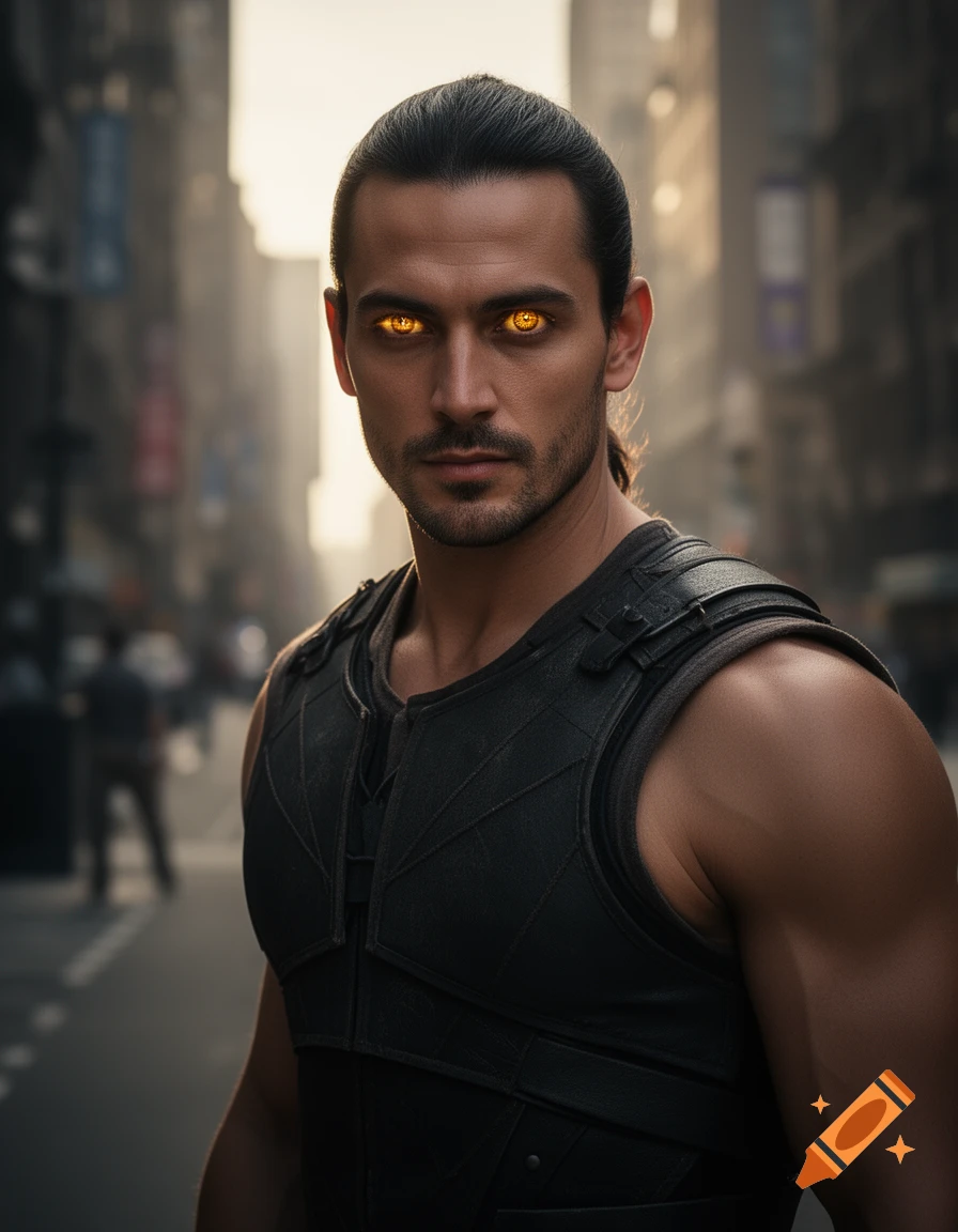 A man with glowing golden eyes, dark hair tied back, and a dark, armored vest looks intensely at the viewer on a blurred city street.