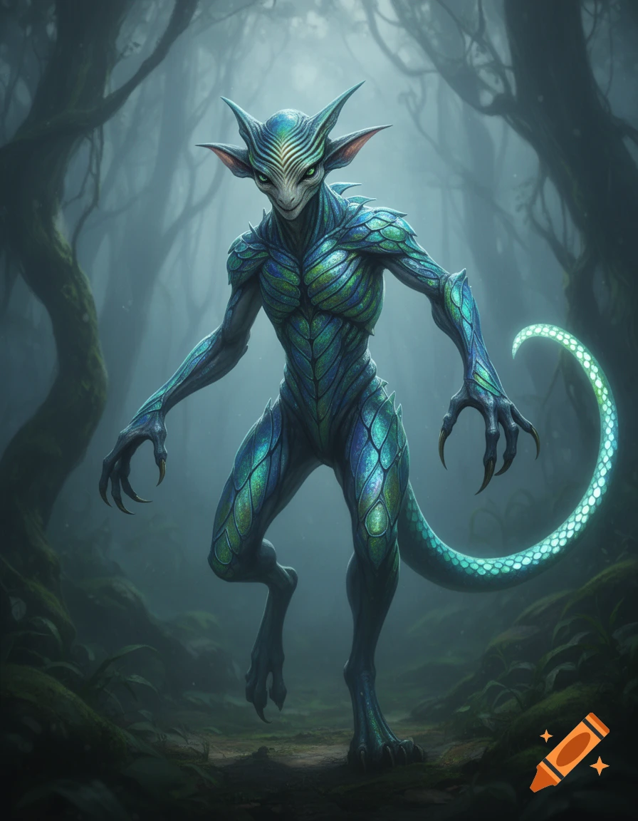 A tall, slender fantasy creature with iridescent blue and green scales ...
