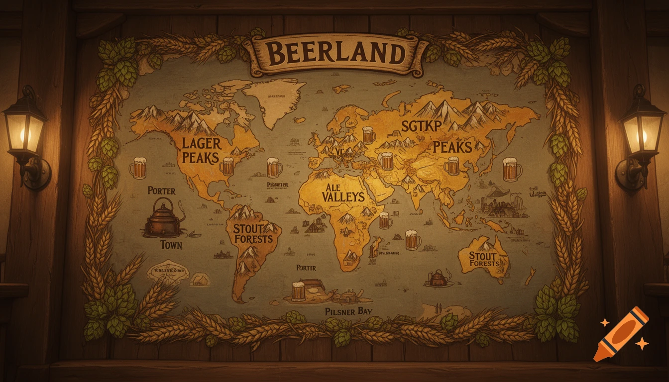 A stylized 'BEERLAND' world map, with landmasses named after beer types, adorned with hops, wheat, and lanterns.