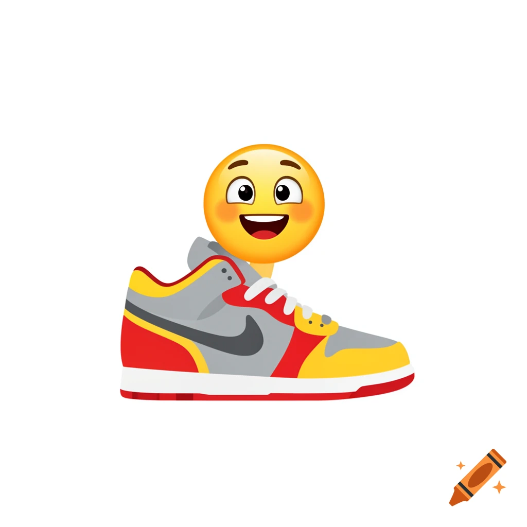 A happy emoji head with rosy cheeks and a wide smile peeking out from behind a red, yellow, and gray sneaker, cartoon style.