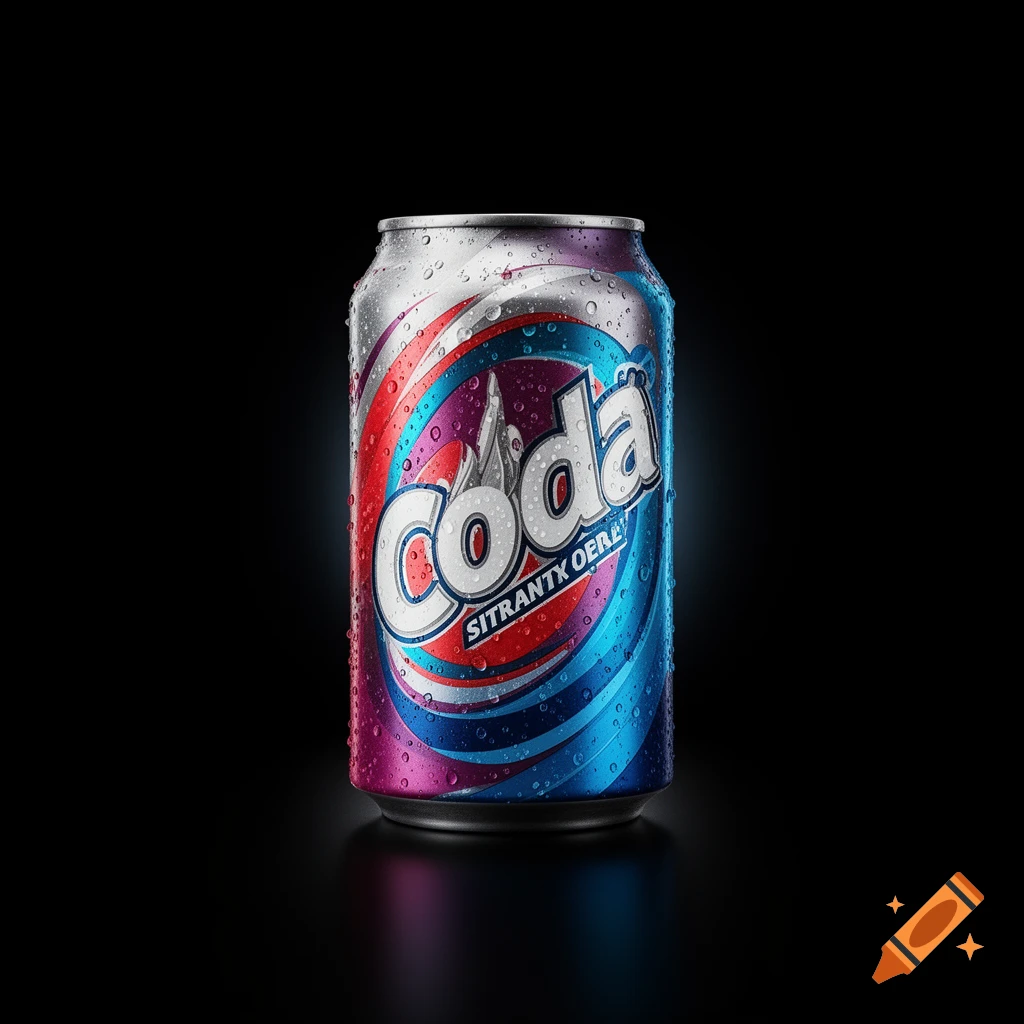 A wet, colorful soda can with 'Coda' branding and condensation, set against a black background.