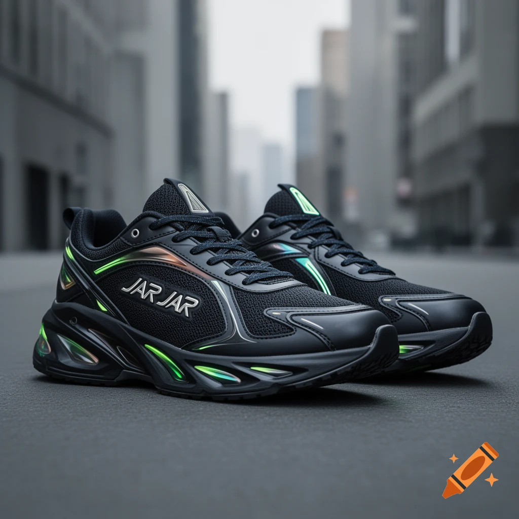 A pair of black athletic shoes with green and iridescent accents and 'JAR JAR' brand on the side, resting on city pavement. Photorealistic.