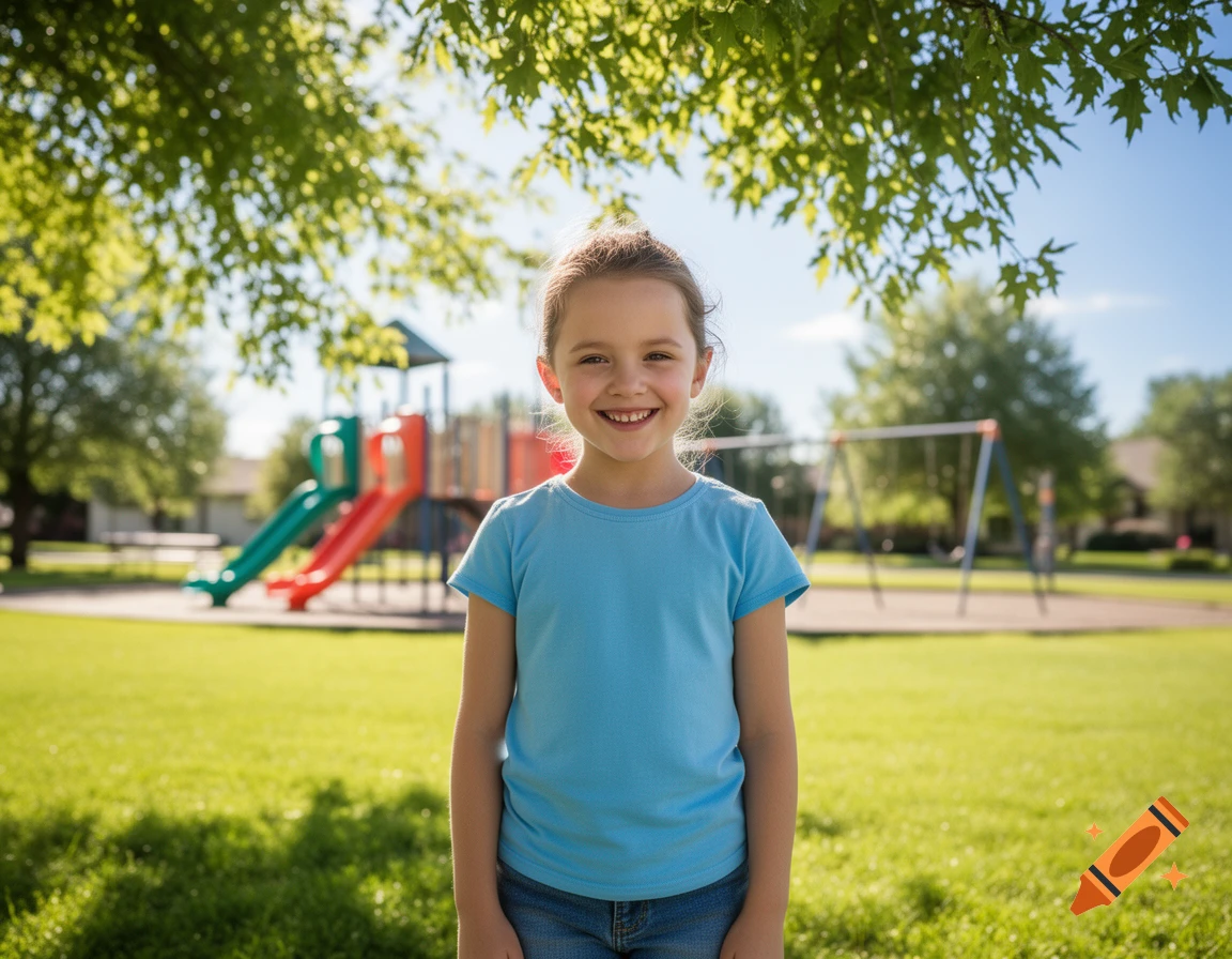 A smiling young girl in a blue shirt standing in a sunny park with a playground in the background.