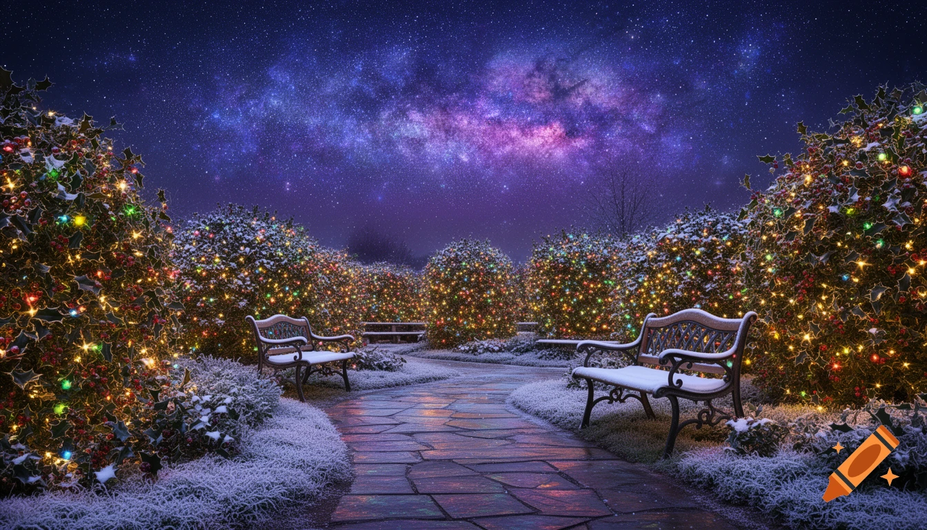 A magical winter garden path lined with snow-dusted bushes wrapped in colorful Christmas lights, under a stunning galaxy night sky.