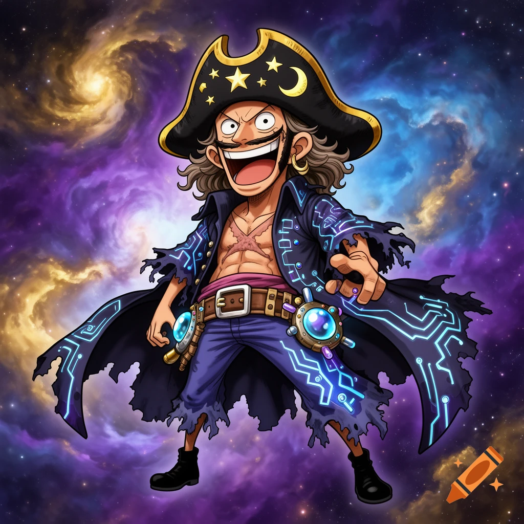 A grinning anime-style cartoon pirate with a dark captain's hat, mustaches, and a glowing circuit-patterned coat stands against a vibrant purple and gold space nebula.