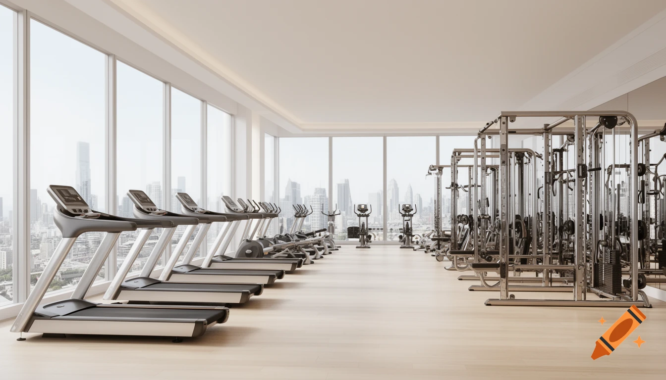 Modern luxury gym with treadmills and power racks, floor-to-ceiling windows overlooking a city skyline, architectural render.