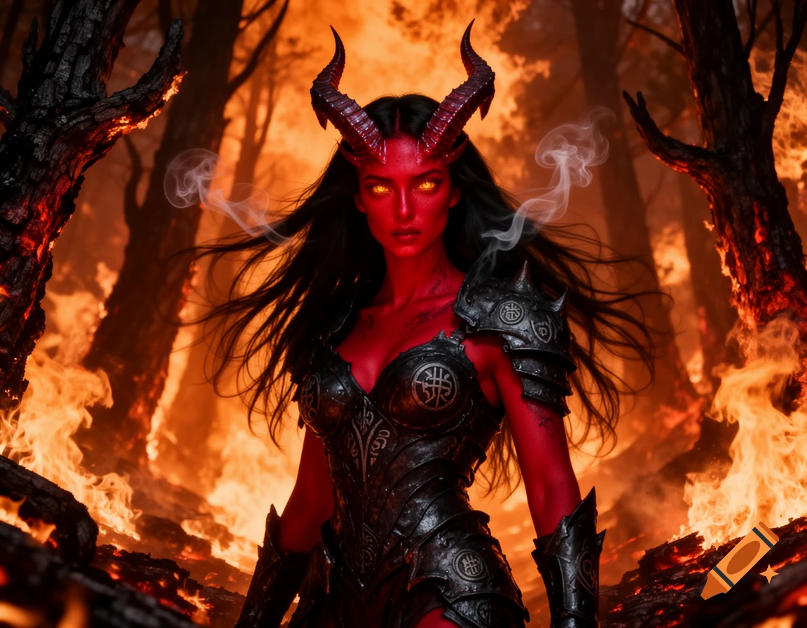 A red-skinned female demon with horns and glowing eyes stands in a burning forest, wearing dark ornate armor. Photorealistic style.