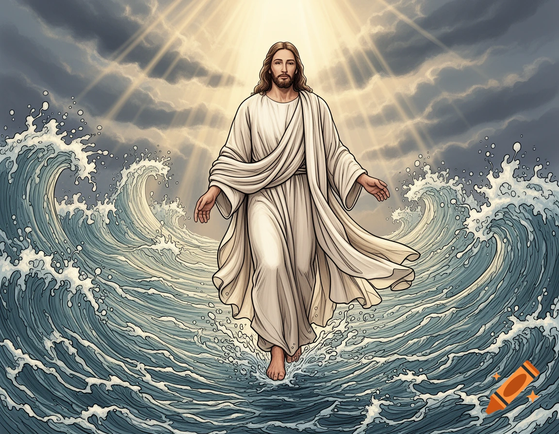 Jesus walks across a rough, wavy sea under a cloudy sky with sun rays in an illustrative style.