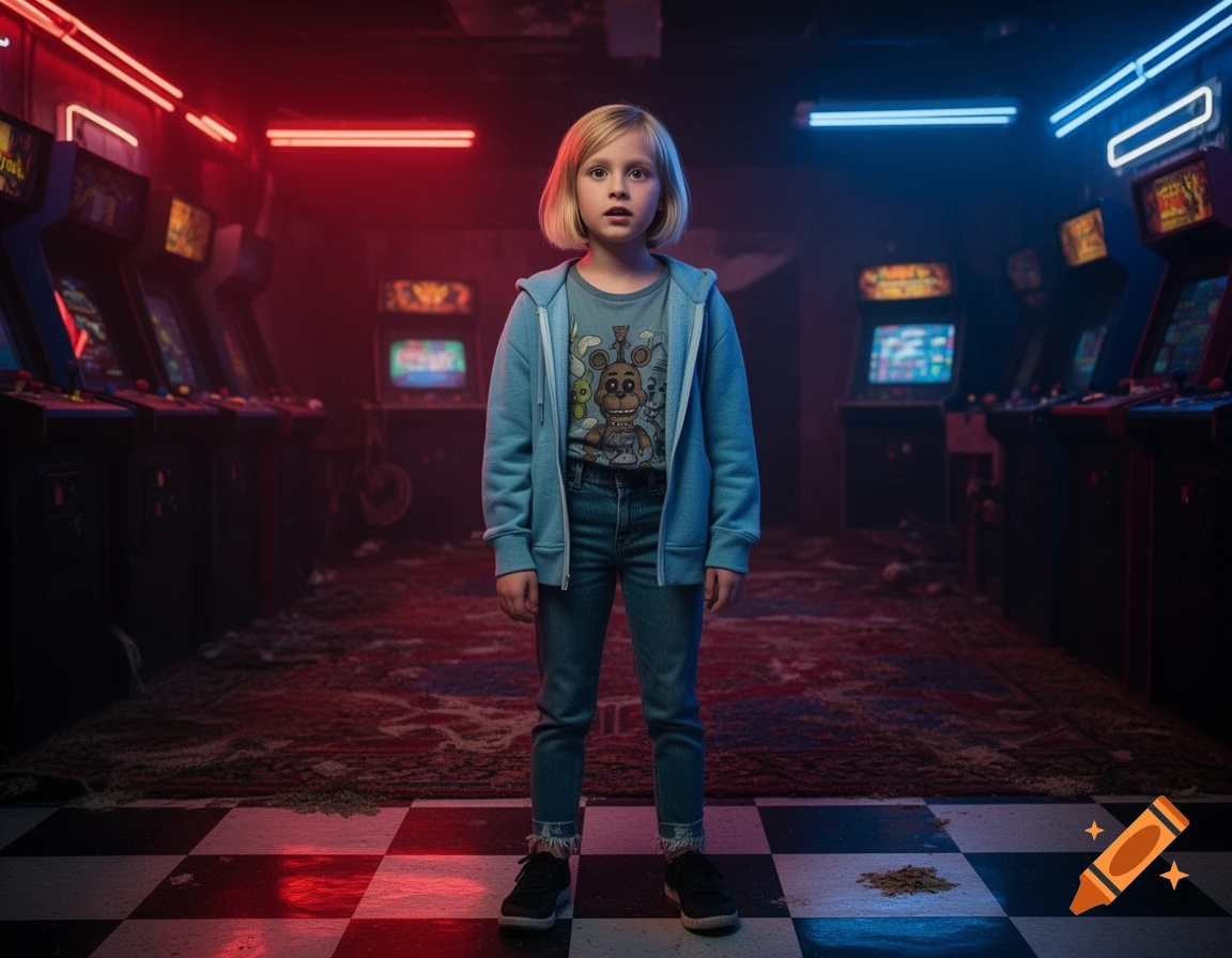 A young blonde girl in a blue hoodie and Freddy Fazbear t-shirt stands in a dark, neon-lit arcade, looking at the viewer.