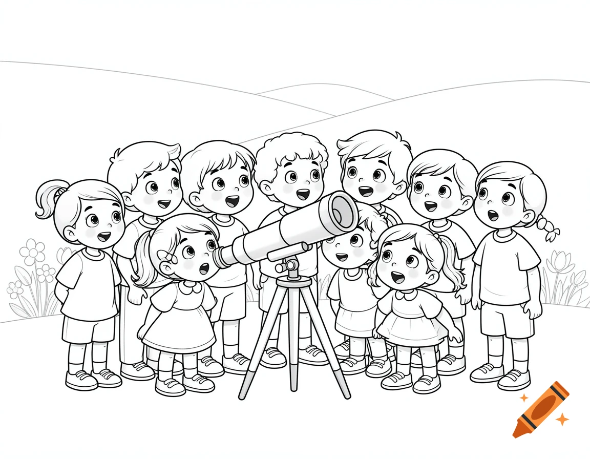 Black and white coloring page of ten kindergarten children eagerly looking through a telescope outdoors.