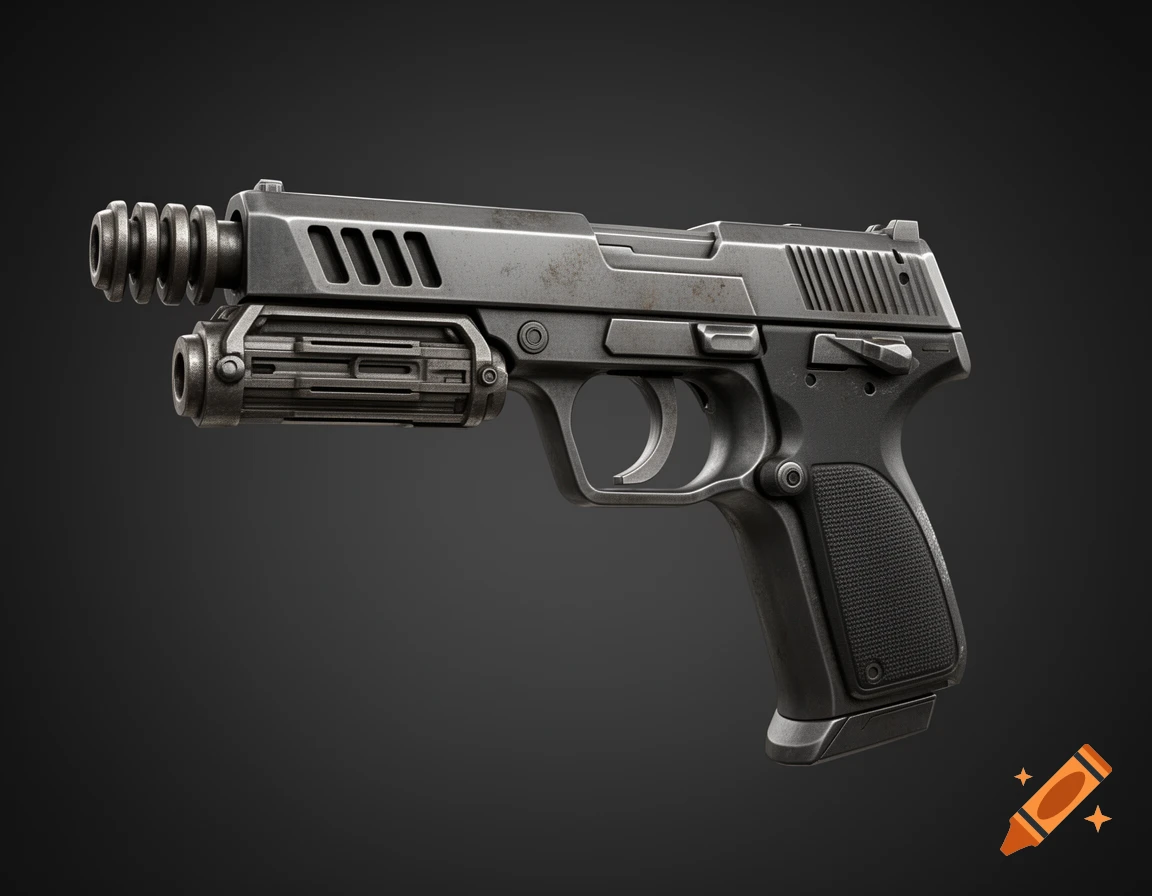 Photorealistic concept art of a futuristic sci-fi pistol with a matte gunmetal finish, ribbed muzzle brake, and textured grip on a dark background.