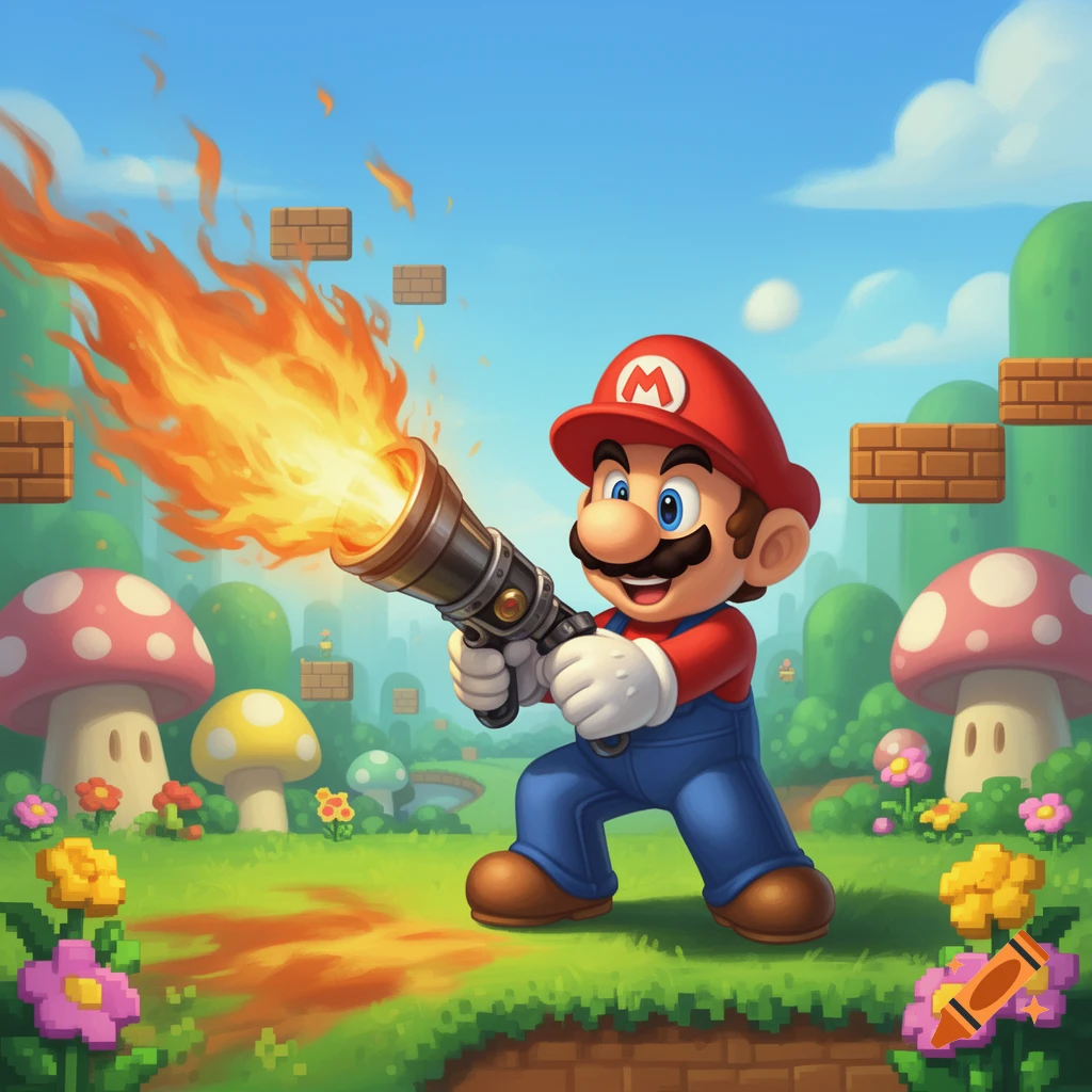 Super Mario, wearing his iconic red cap, wields a flamethrower in a colorful, stylized mushroom kingdom.