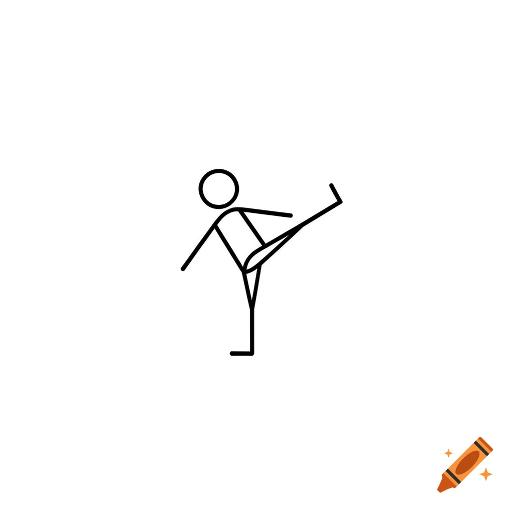 A simple black stick figure stands on one leg, with the other leg raised in a kicking stance on a white background.