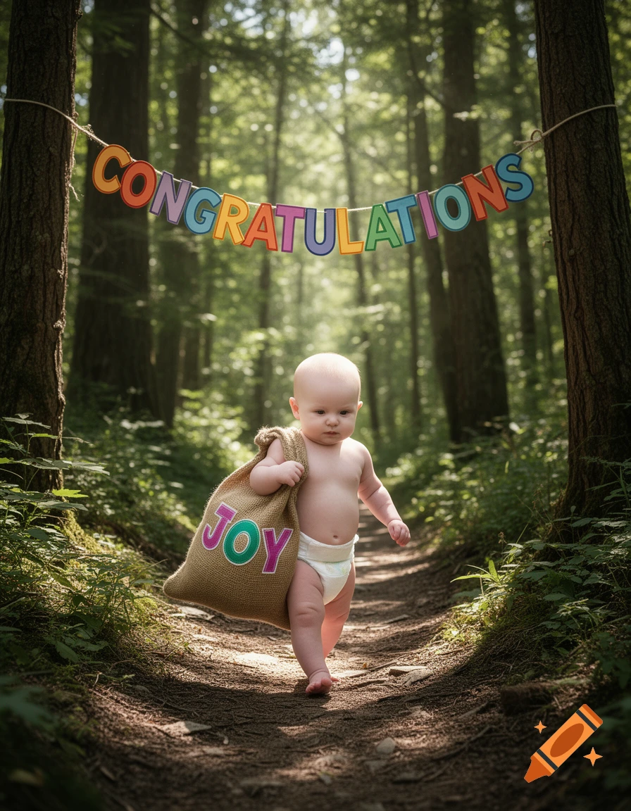 A photorealistic image of a baby in a diaper walking on a forest path, carrying a sack with 'JOY' and a 'CONGRATULATIONS' banner above.