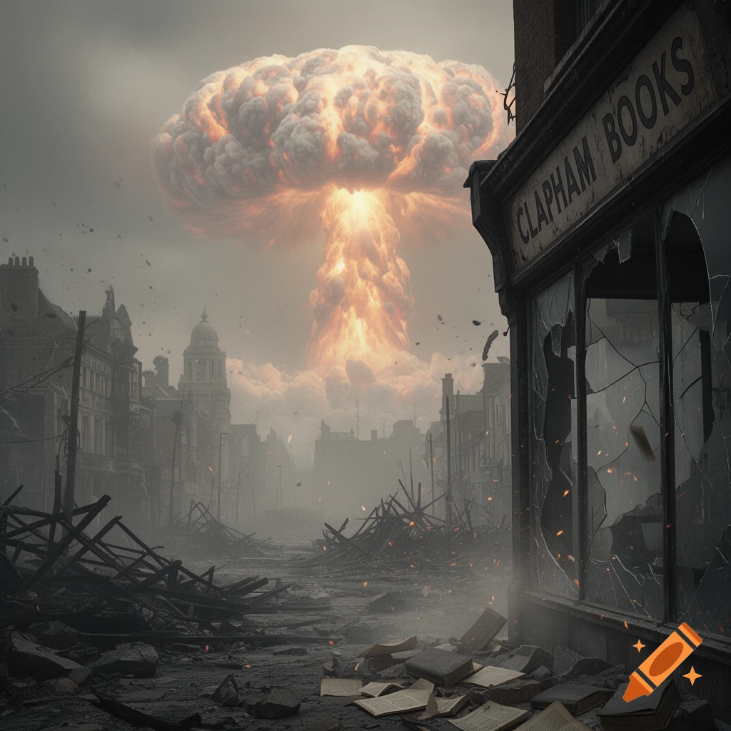 Photorealistic scene of a mushroom cloud rising over a destroyed city street, with a shattered 'Clapham Books' storefront in the foreground.