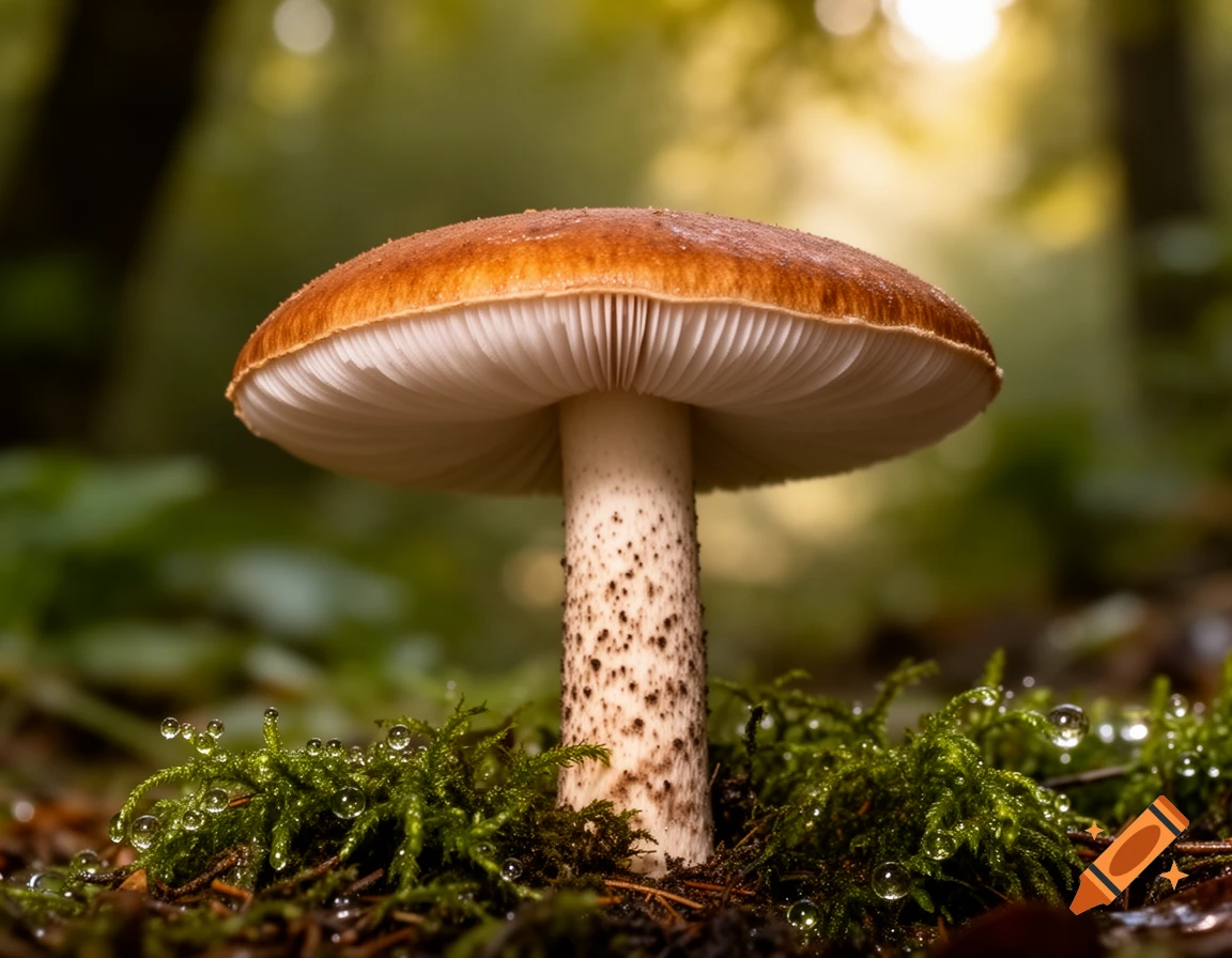 Close-up of a brown-capped mushroom with white gills and a speckled stem growing in moss with water droplets in a sunlit forest.