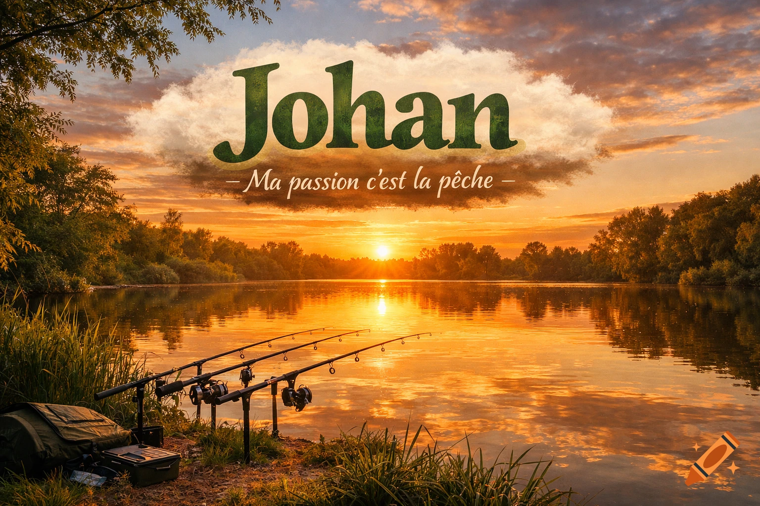 A serene sunset over a lake with fishing rods set up on the bank, lush trees, and text 'Johan - Ma passion c'est la pêche' in a cloud.