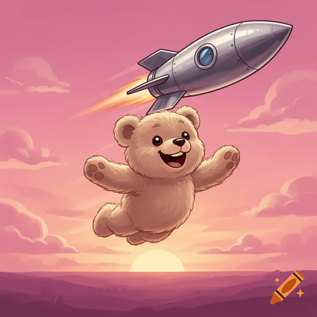 A cheerful cartoon teddy bear flies away from a rocket ship with a fiery exhaust, set against a vibrant pink and orange sunset sky.