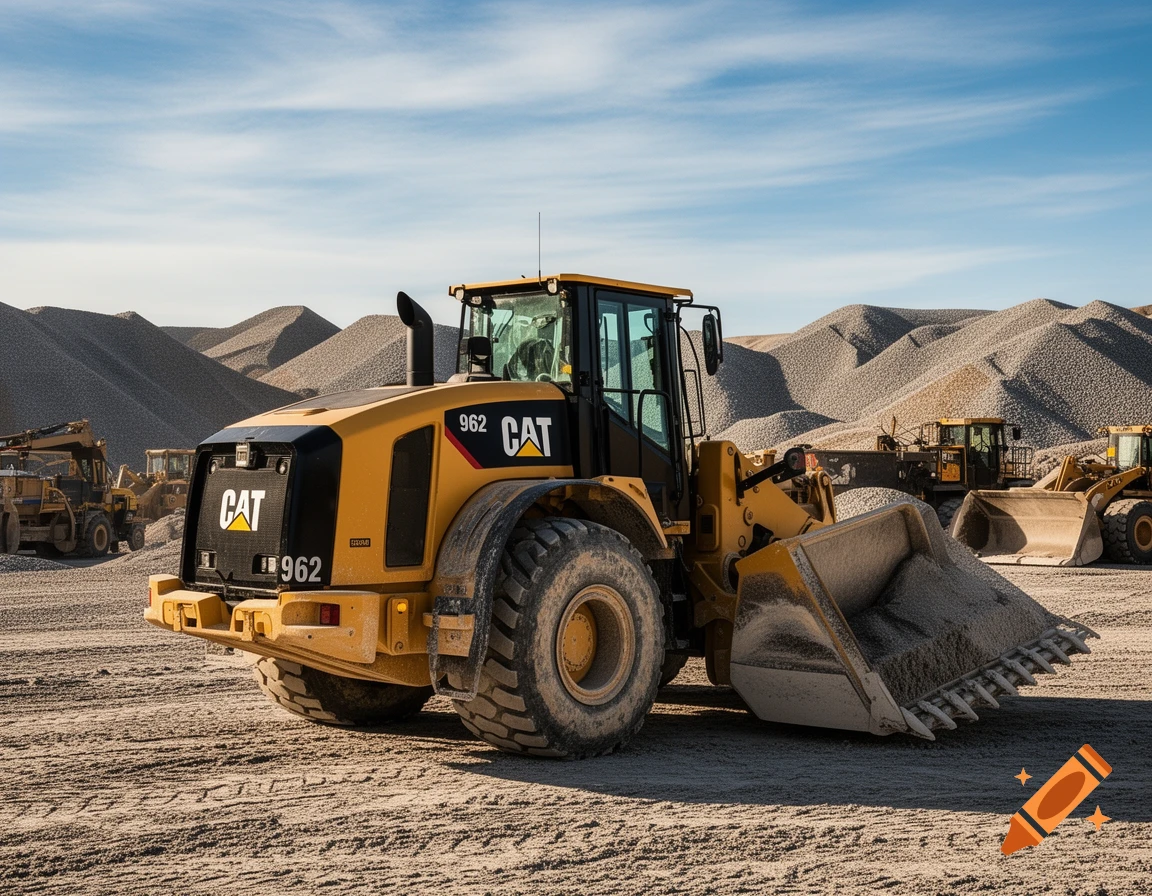 A large yellow Caterpillar 962 wheel loader with a bucket of gravel at a sunny construction site.