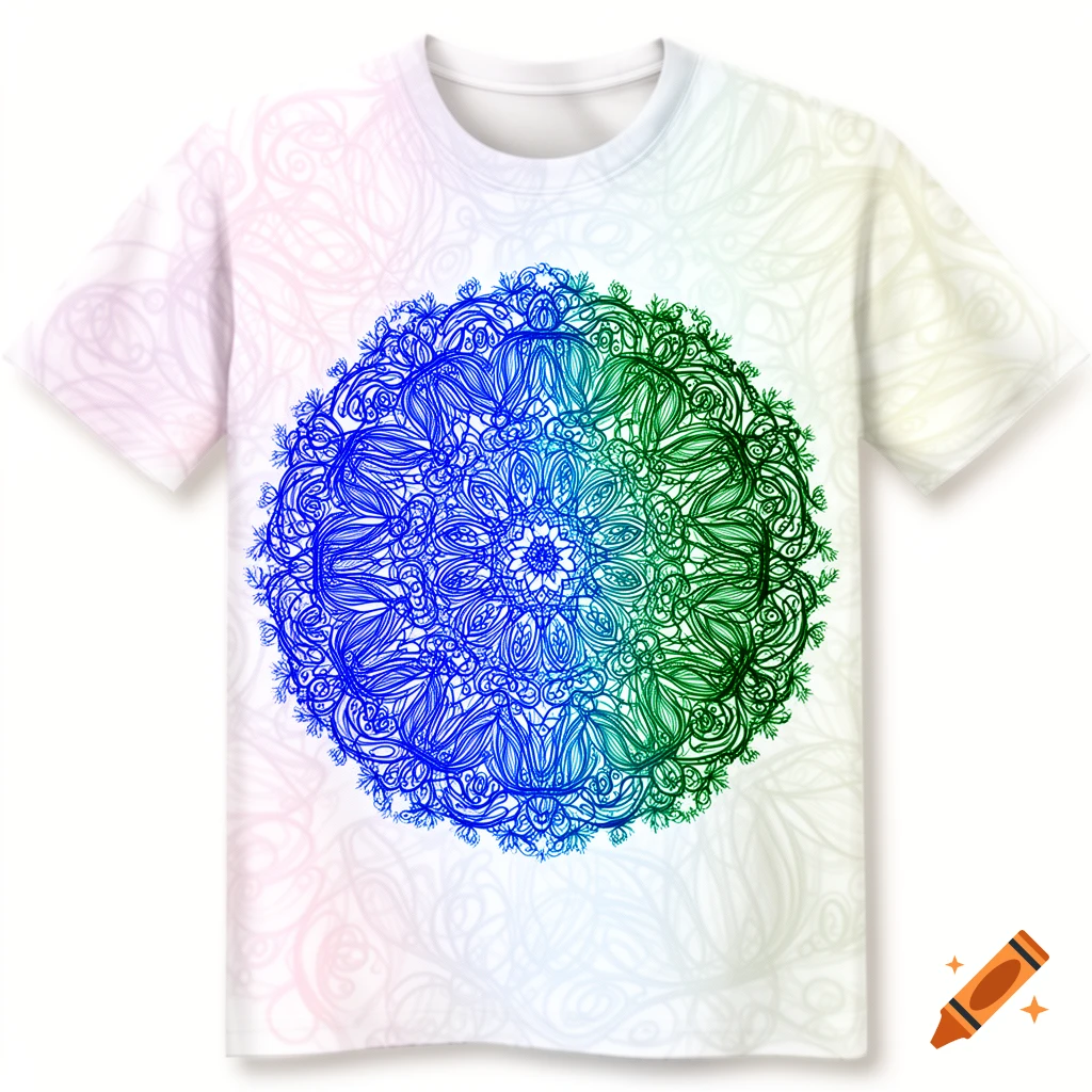 A white t-shirt featuring a large, intricate blue and green mandala pattern.