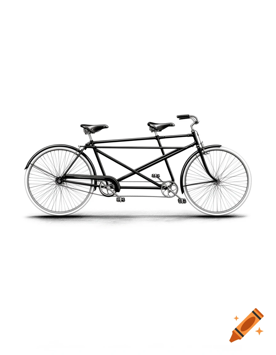 A black and white drawing of a tandem bicycle with two seats and handlebars on a plain white background.