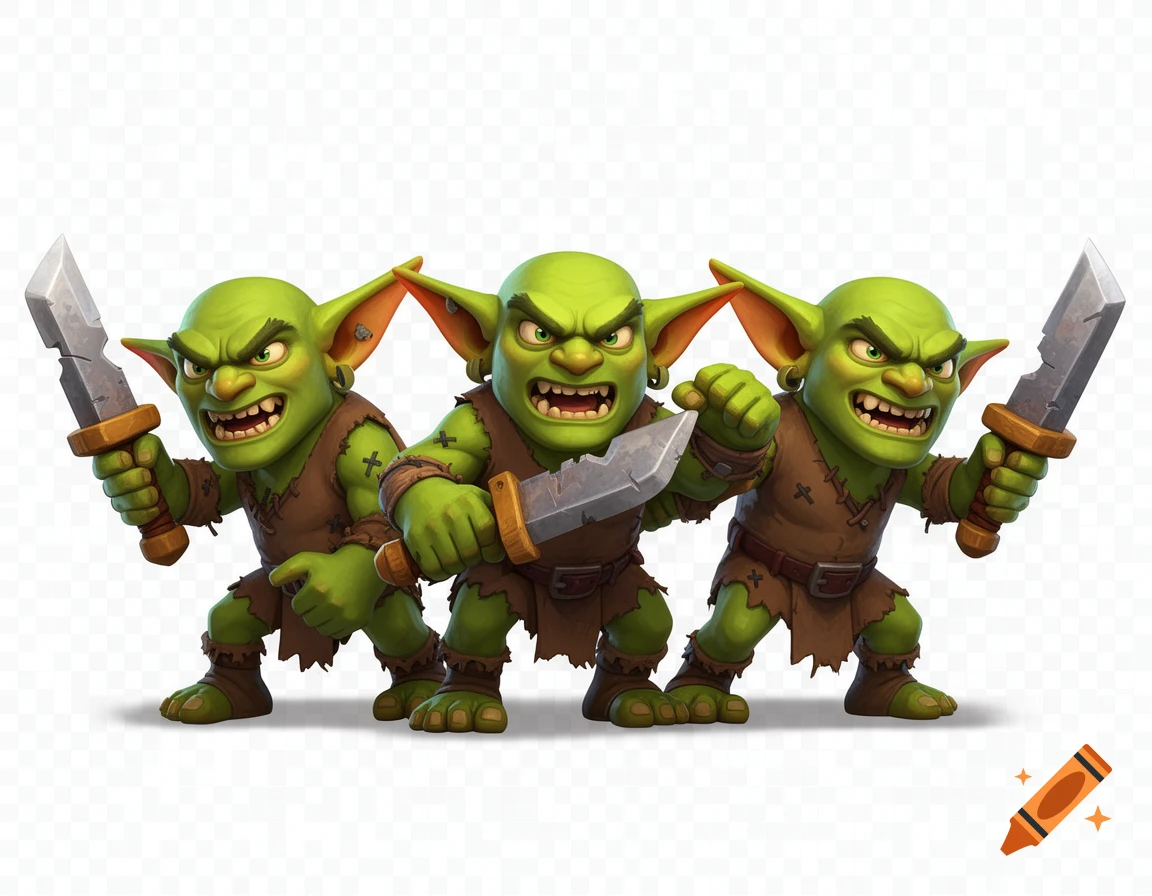 Three aggressive green goblins with knives, in a 2D Clash Royale-inspired illustration, ready to attack.