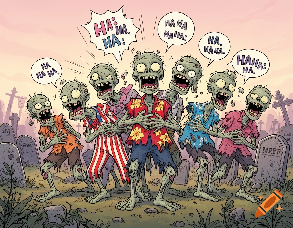 A group of cartoon zombies in torn clothes laugh in a graveyard, with speech bubbles saying 'HA HA HA'.