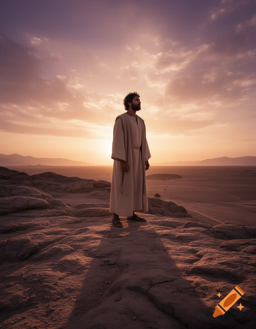 A man with a beard, wearing simple robes, stands on a rocky hill in a vast desert landscape at sunset.