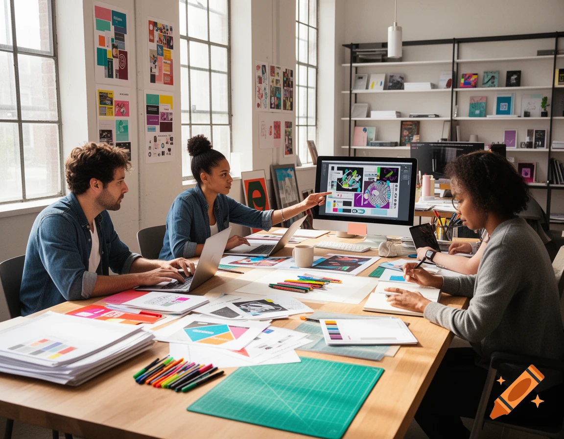 Three graphic designers work together in a bright studio, one pointing at a computer screen displaying colorful designs.