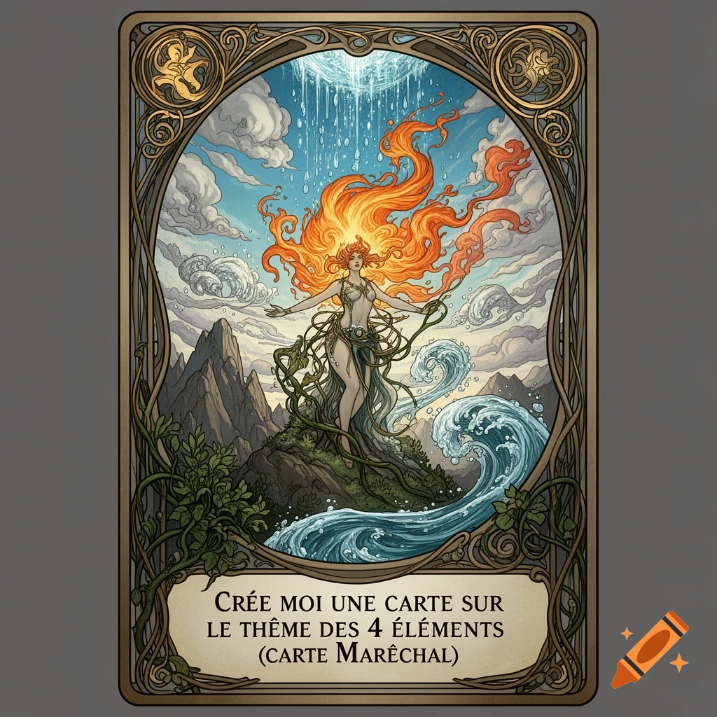 Art nouveau tarot-style card of an elemental woman with fire hair, water, earth, and sky elements, framed by intricate patterns.