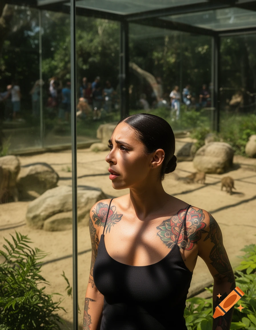 A woman with dark hair and colorful tattoos looks to the side, standing in a sunny zoo enclosure.