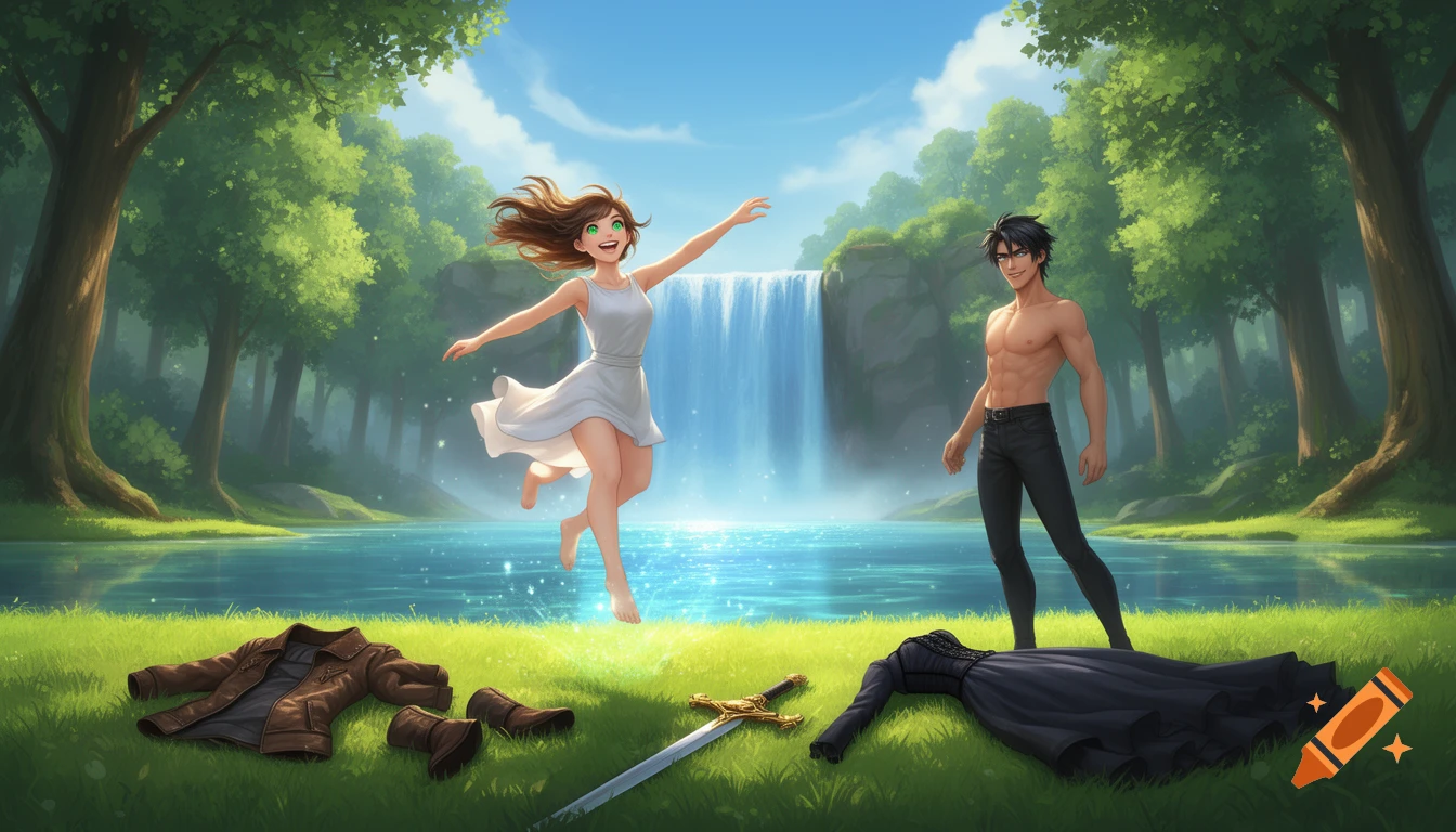 Animated scene of a joyful woman jumping by a waterfall and lake, a man stands nearby, with clothing and a sword on the forest grass.
