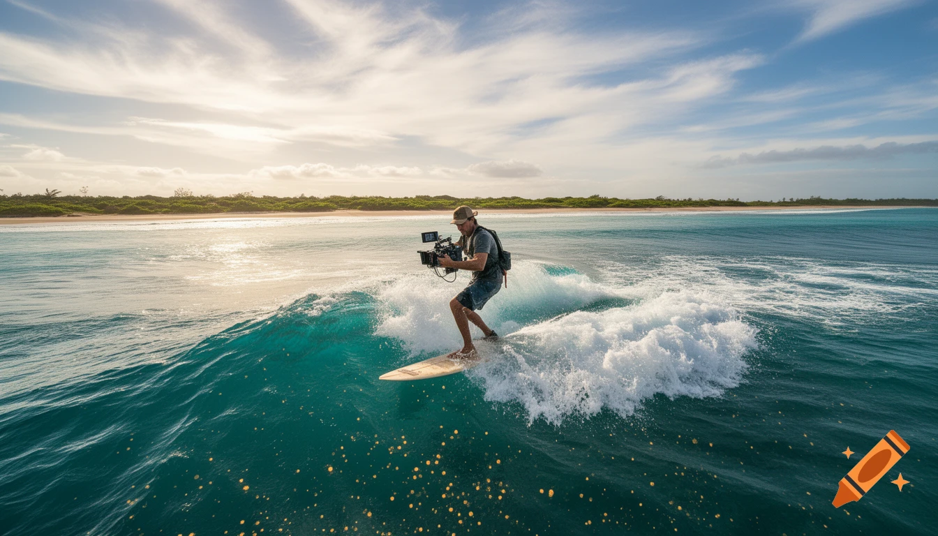 A man surfs a turquoise wave while holding a professional camera rig, with a tropical beach and sky in the background.