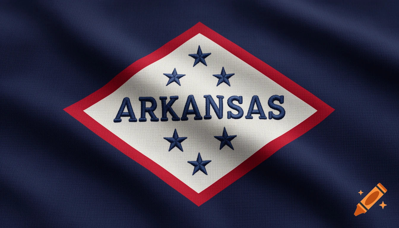 Photorealistic image of the Arkansas state flag, made of dark blue fabric with embroidered 'ARKANSAS' and stars on a white diamond.