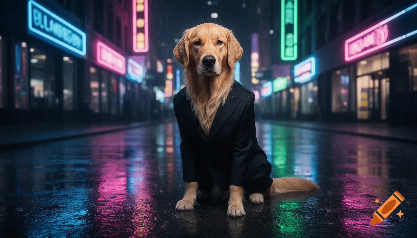 A photorealistic golden retriever in a black suit sits on a wet, neon-lit city street at night, reflected in the rain.