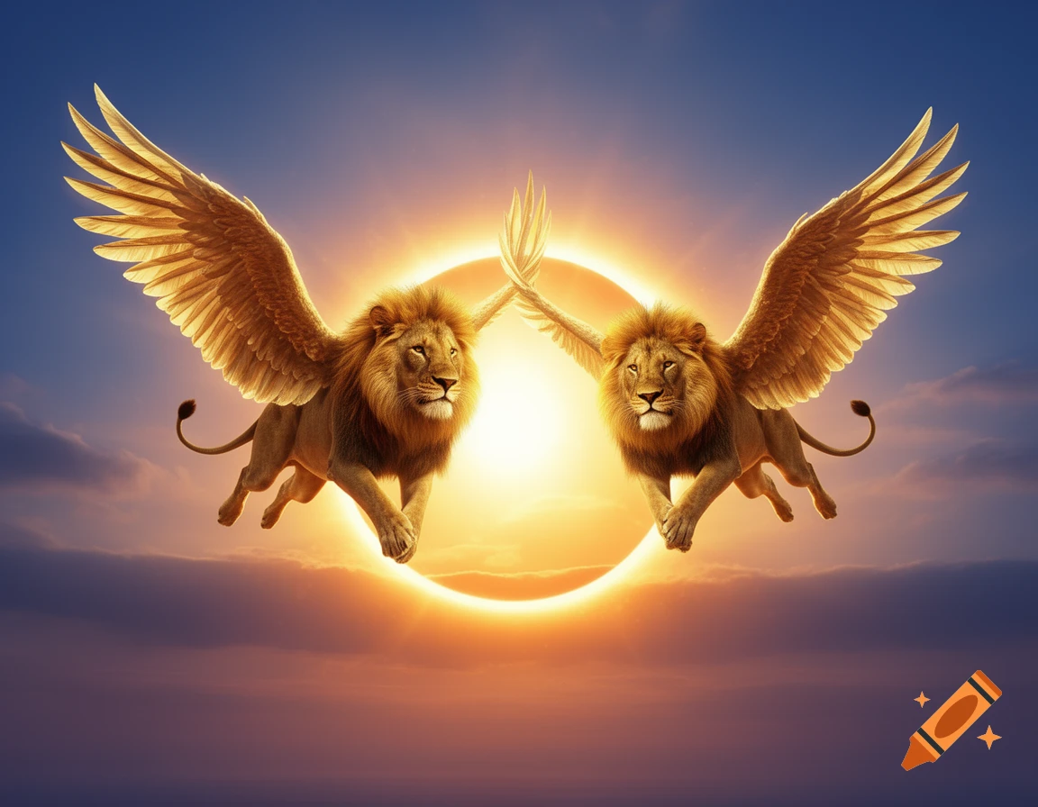 Two majestic winged lions fly through a golden sky in front of a bright, glowing sun.