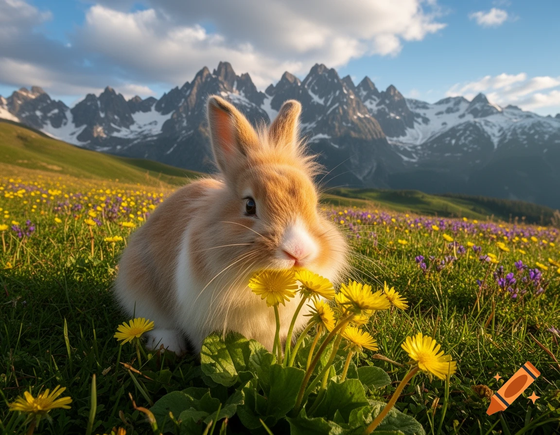 A fluffy brown and white rabbit sits in a vibrant field of yellow and ...