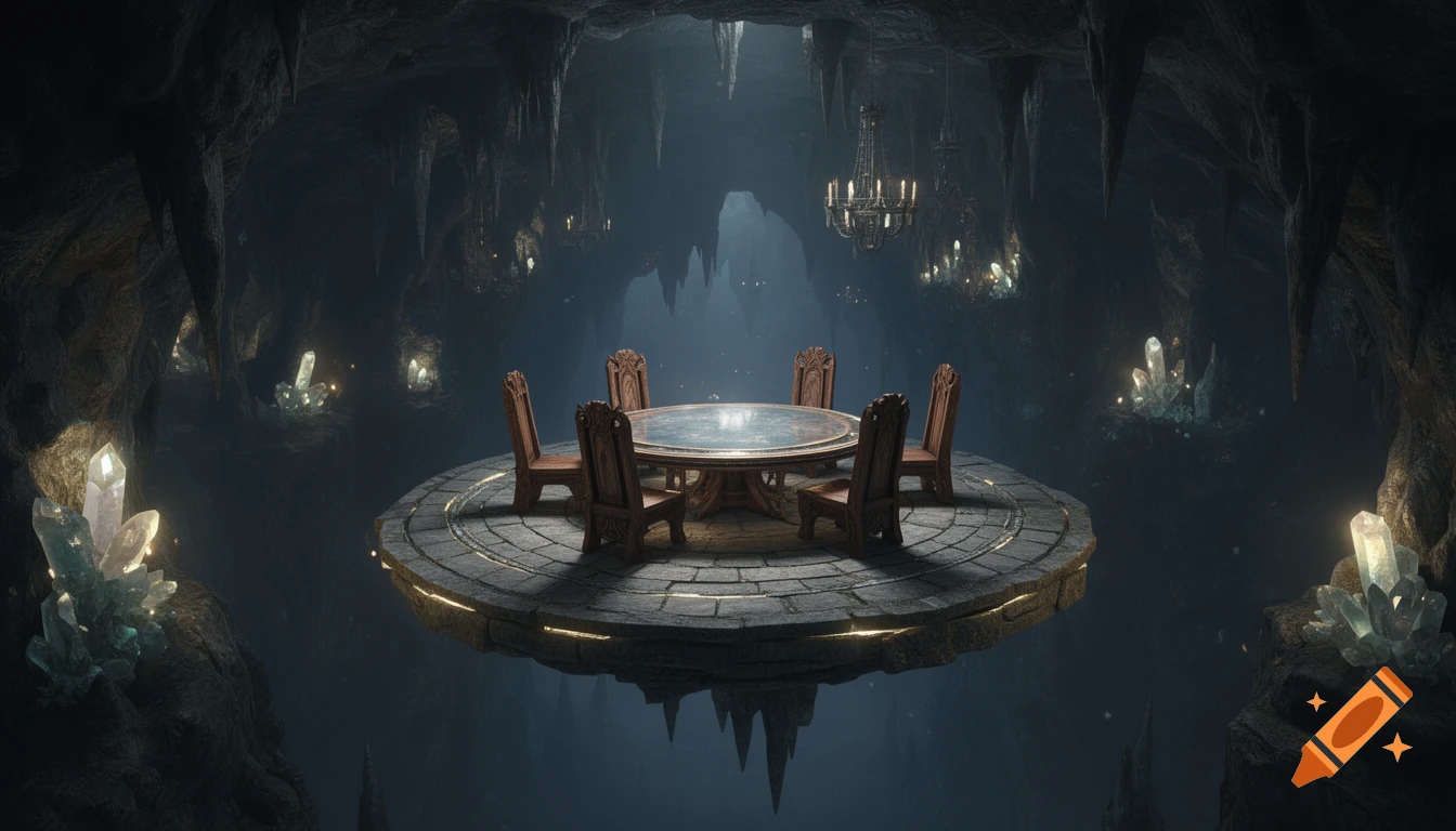 A circular stone platform with a round table and six chairs floats in a dark fantasy cave illuminated by glowing crystals and a chandelier.