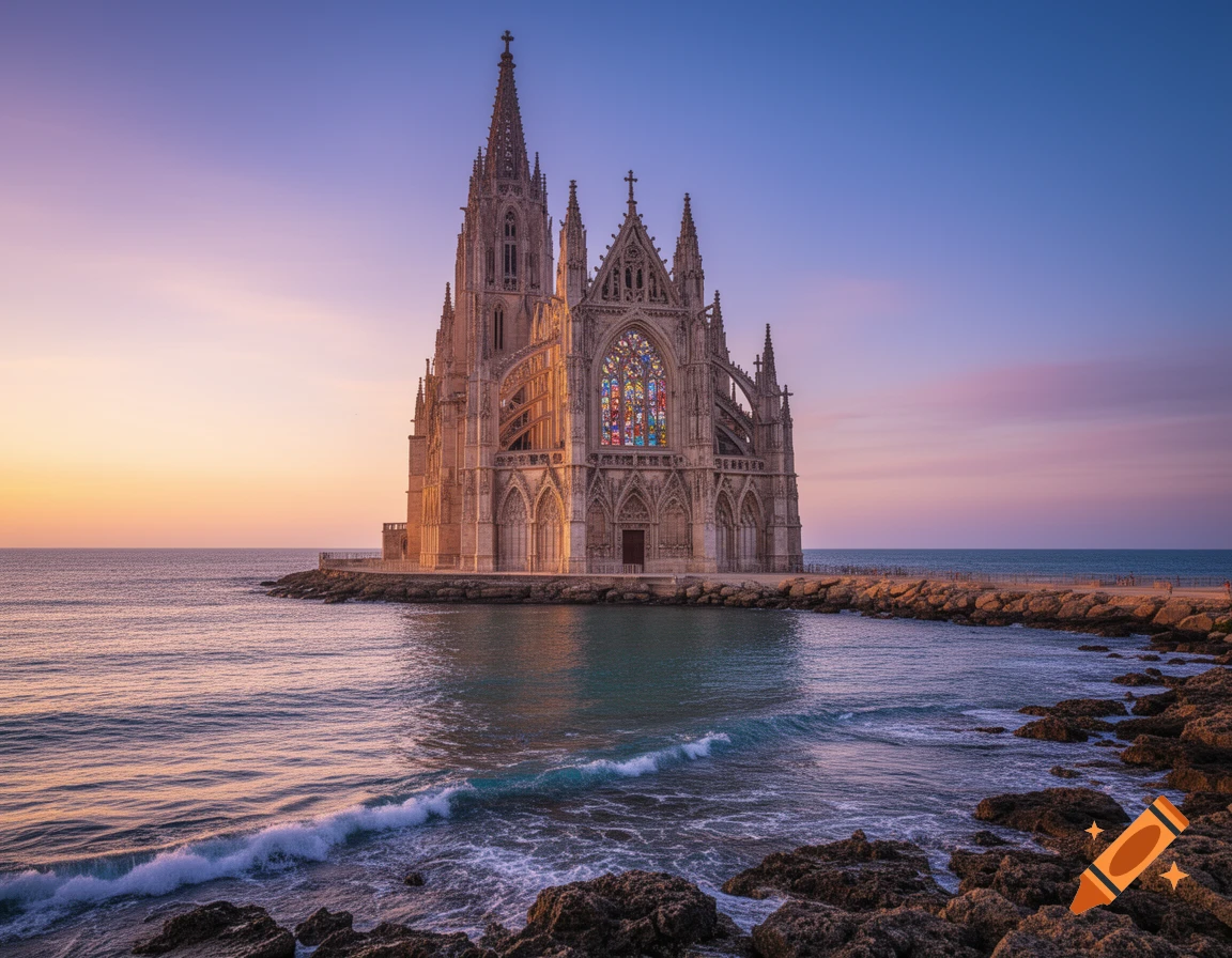 A majestic gothic cathedral stands on a rocky coast at sunrise or sunset, with waves crashing on the shore and a vibrant gradient sky.