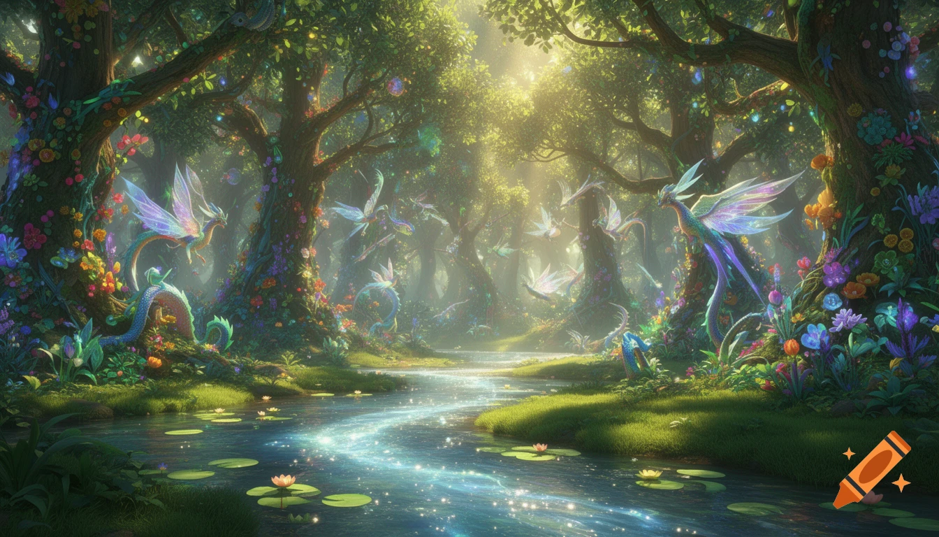 Vibrant fantastical forest with a glowing river, sun-dappled trees adorned with flowers, and luminous winged creatures.