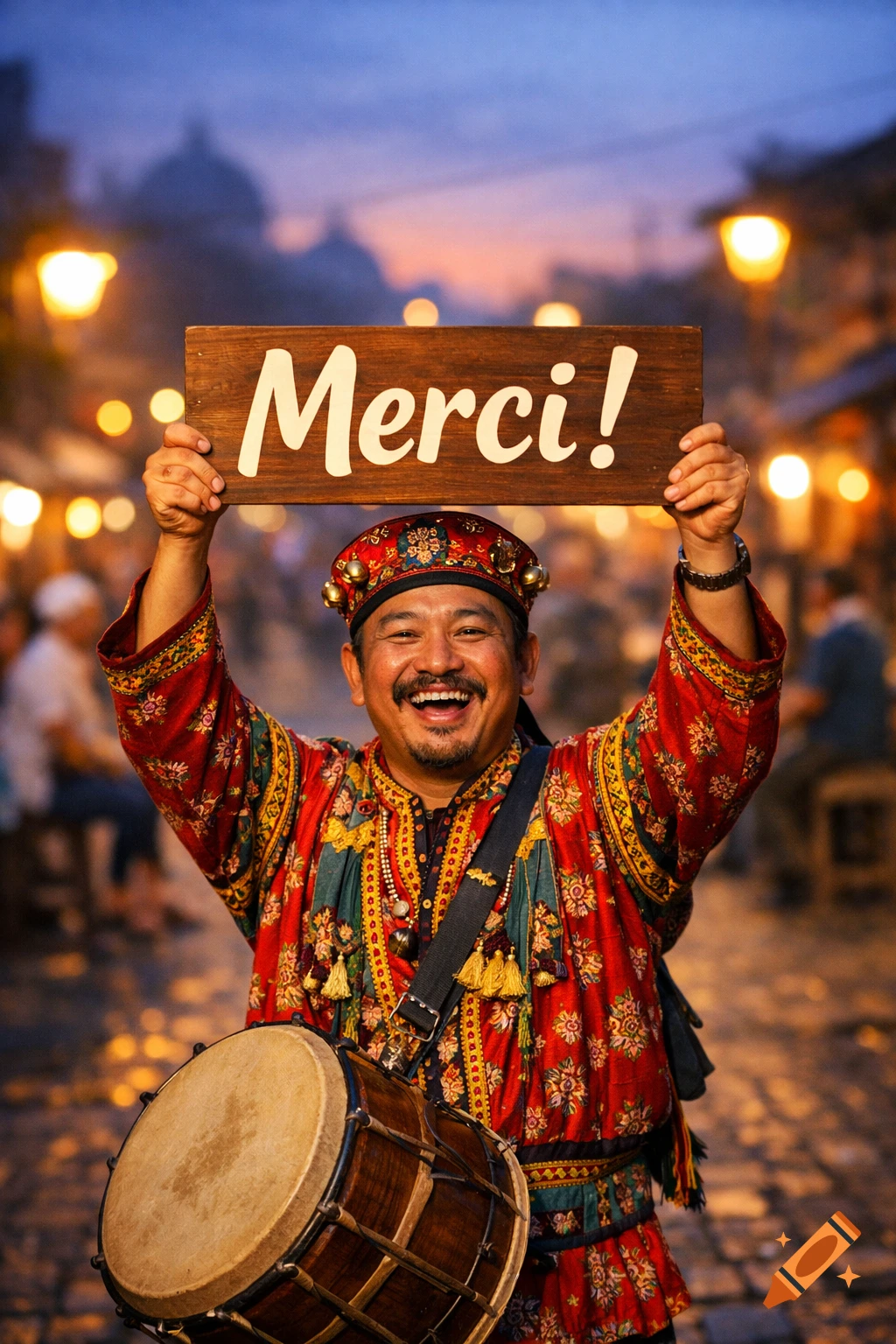 A smiling man in colorful traditional attire holds a 'Merci!' sign and a drum in a bustling street market at dusk.