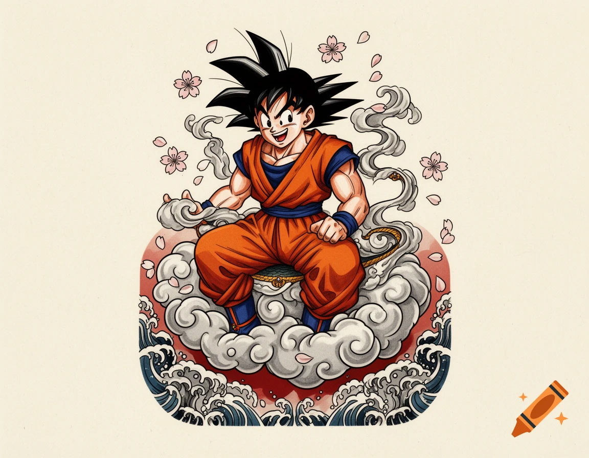 Son Goku from Dragon Ball sitting on Nimbus cloud, surrounded by cherry blossoms and traditional Japanese waves, in a cartoon tattoo art style.