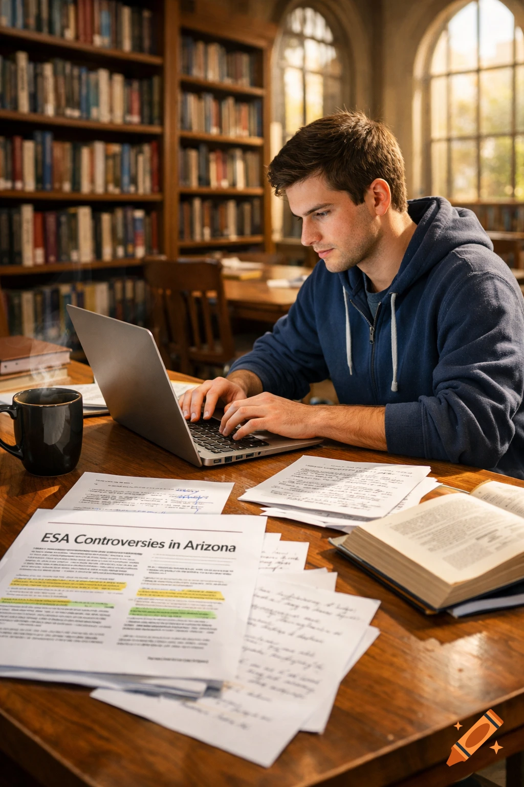 A young male college student types on a laptop at a wooden table with papers and books in a library, with bookshelves and arched windows in the background. Photorealistic.