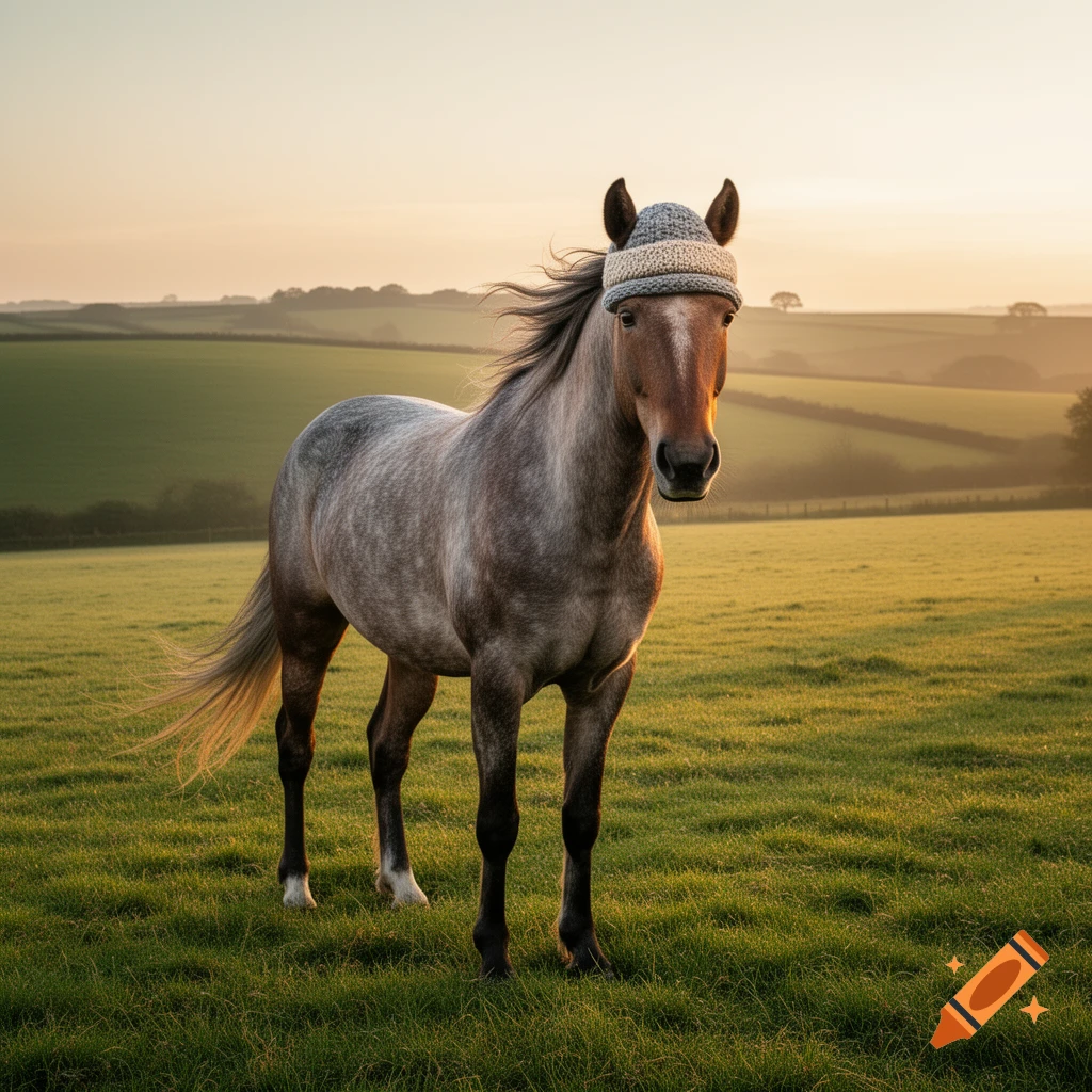 A photorealistic horse wearing a gray knitted beanie hat stands in a sunlit green field with rolling hills in the background at sunset.