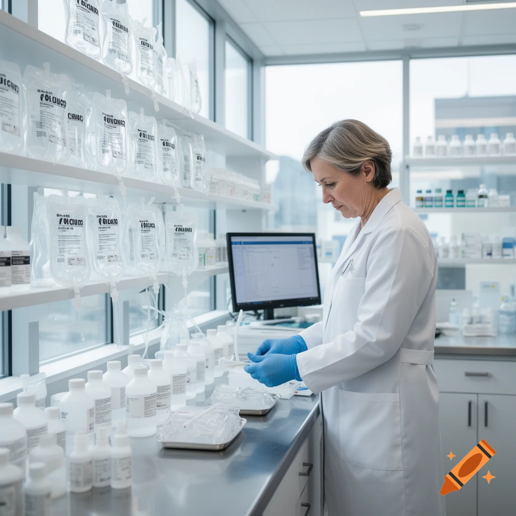 A female pharmacist in a white lab coat and blue gloves works at a counter filled with bottles and IV bags in a sterile laboratory.