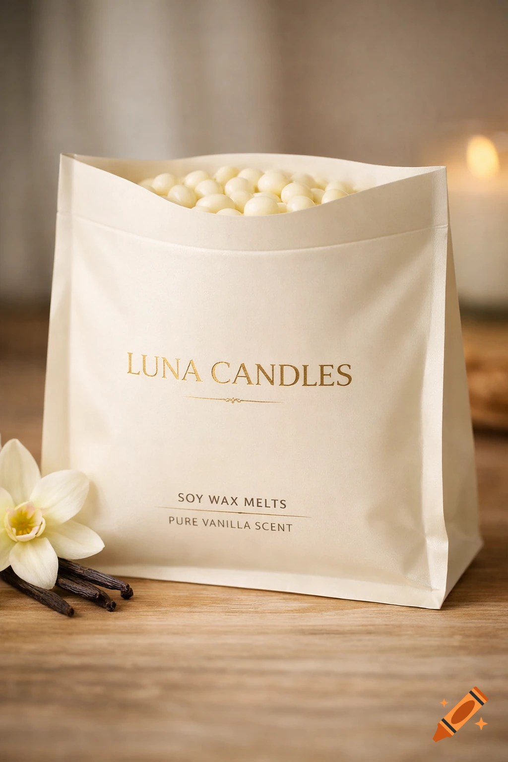 A photorealistic image of a cream-colored pouch labeled "LUNA CANDLES SOY WAX MELTS PURE VANILLA SCENT" filled with white wax beads, alongside a vanilla flower and vanilla beans, on a wooden surface.